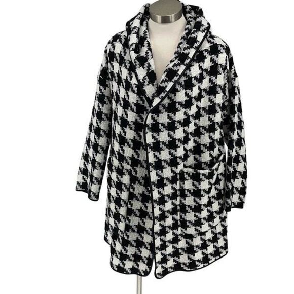 Biancoghiaccio Womens Woven Houndstooth‎ Hooded Coat Black White Size Italian 42